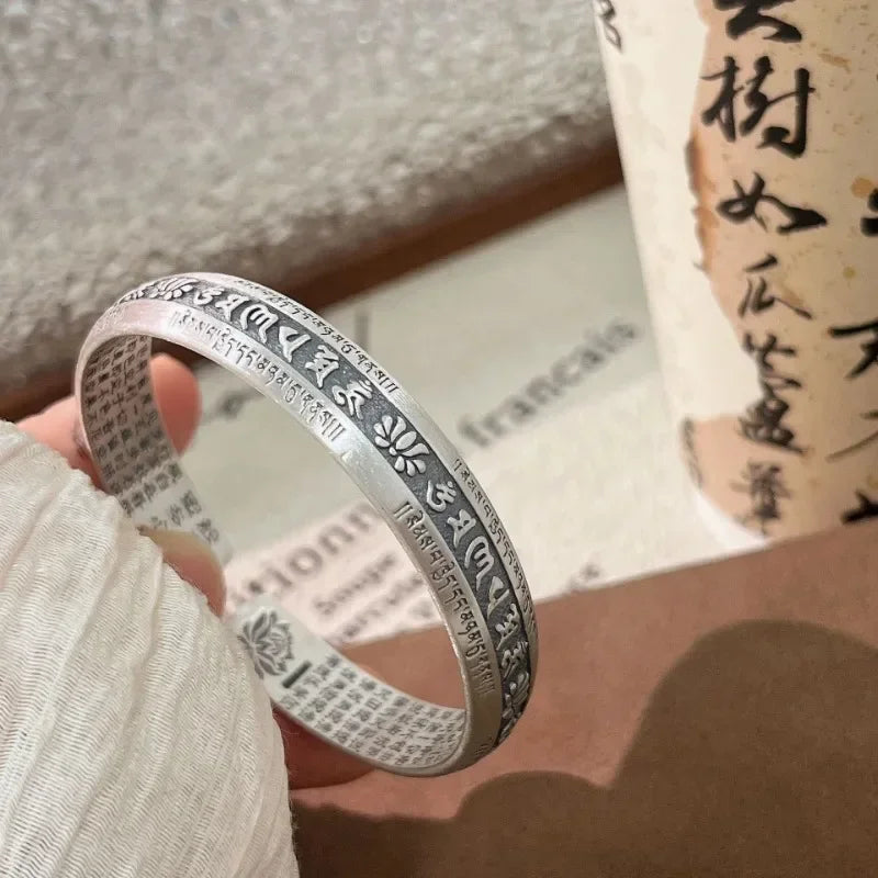 925 Silver Carved Prajnaparamita Heart Sutra Lotus Flower Bracelet Six Character True Words Wide Vintage Bangles Jewelry