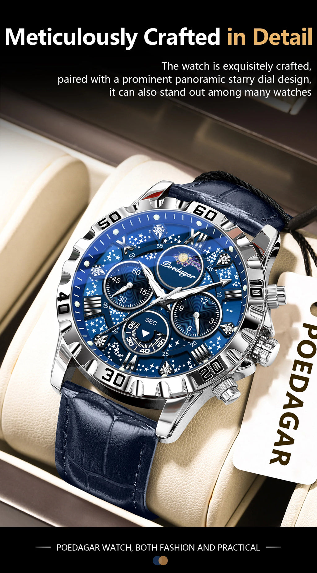 POEDAGAR Original Military Man Wristwatch Waterproof Luminous Chronograph Leather Strap Watches For Men Quartz Men's Watch Reloj