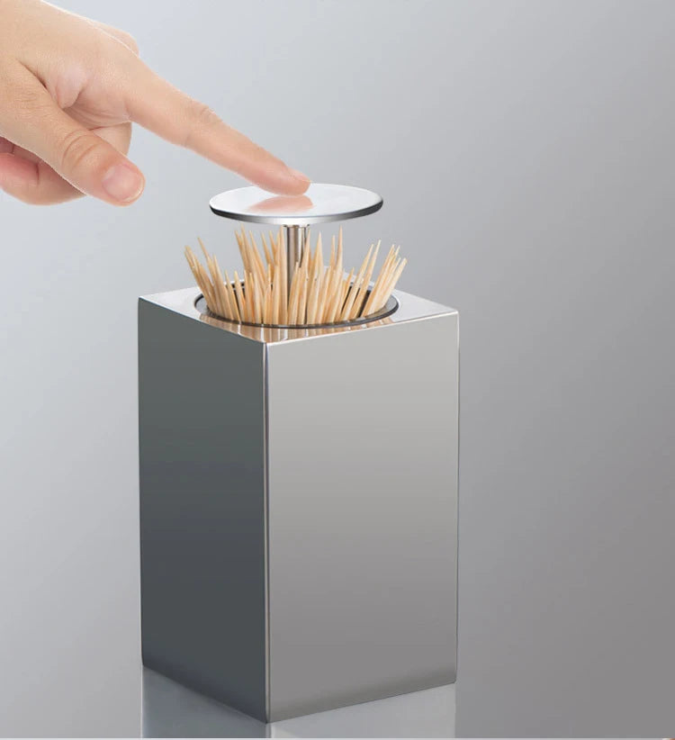 304 Stainless Steel Toothpick Holder Storage Box Press Bracket Automatic Spring Cover Cotton Swab Storage Box Home Decoration