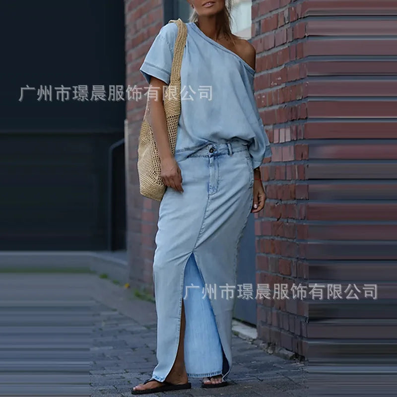Denim Blue Fashion Split Skirt 2 Piece Set Casual Loose Off-the-shoulder Top + Slim Elegant Pencil Skirt Two-piece Set Women's