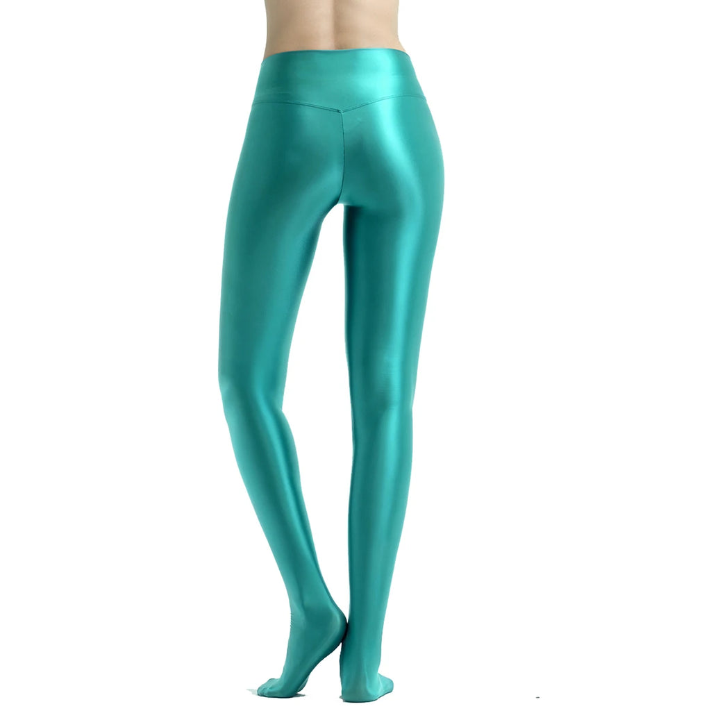 MJINM Women's Shiny Glossy Wide High Waisted V-crotch Pantyhose Yoga Fitness Sporty Gym Breathable Tight Pants Leggings Jeggings