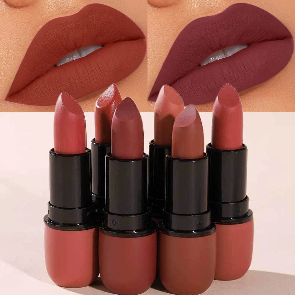 6 Colors Sexy Matte Lipstick Waterproof Long Lasting Color Rendering Non-stick Nude Brown Lipstick Pencil Woman Makeup Cosmetics
