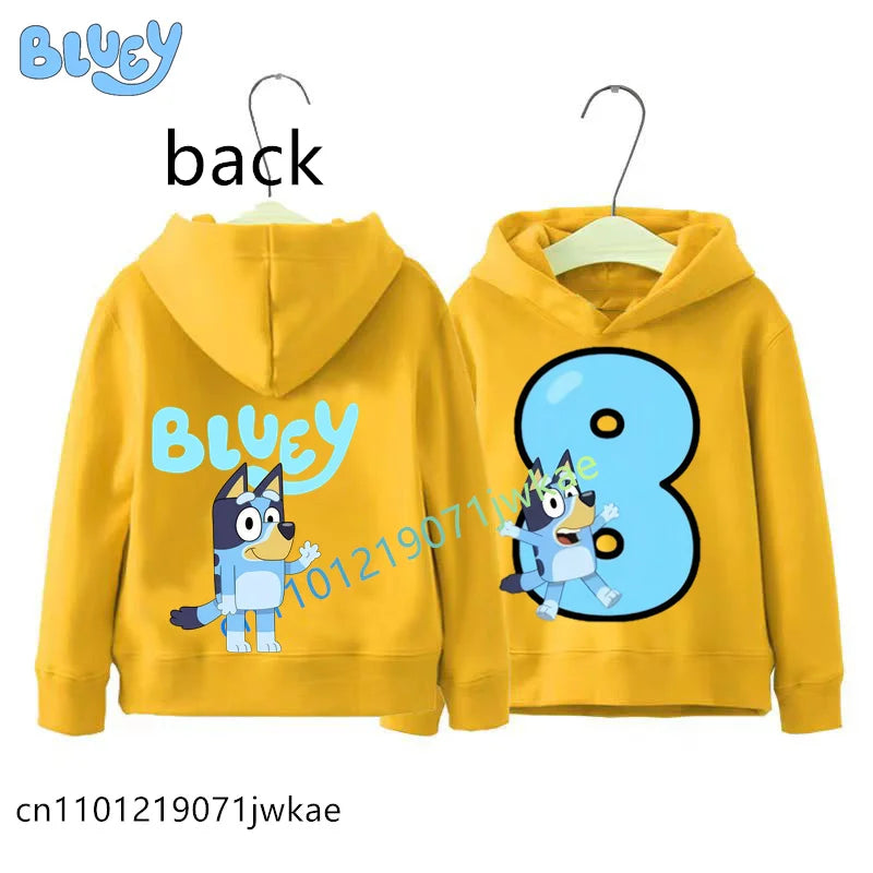 Bluey Birthday Number Print Hoodie Kids 1-9Y Front Back Design Long Sleeve Sweatshirt Boys Girls Casual Tops Birthday Party Wear