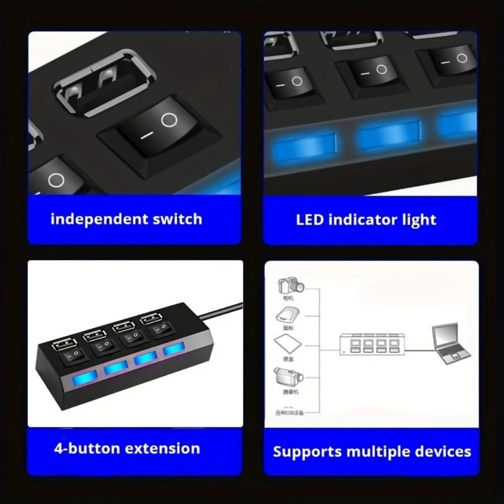 USB 2.0 Hub 4/7 Port Splitter Power Adapter With ON/OFF Switch Multiple Expander HUB For PC Laptop MacBook Desktop Accessories