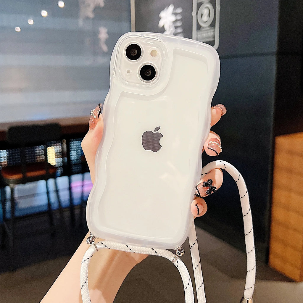 Crossbody Necklace Strap Lanyard Cord Phone Case For iPhone 17 16 15 14 13 12 11 Pro Max XR XS 7Plus Soft Cute Curly Wave Cover
