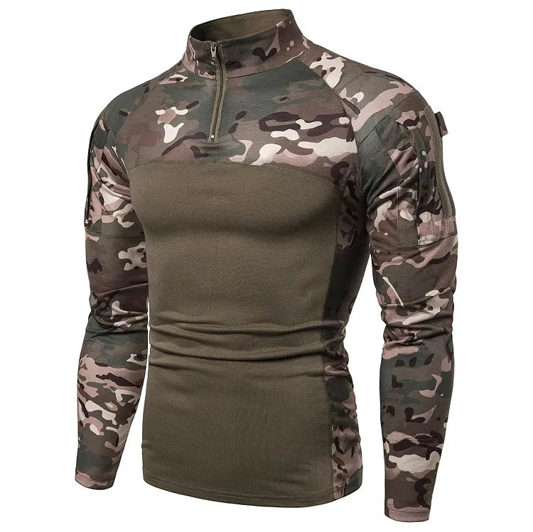 Men's Military Camouflage Outdoor Stretch Fitness Long Sleeve T-shirt with Zipper Pocket Men's Clothing