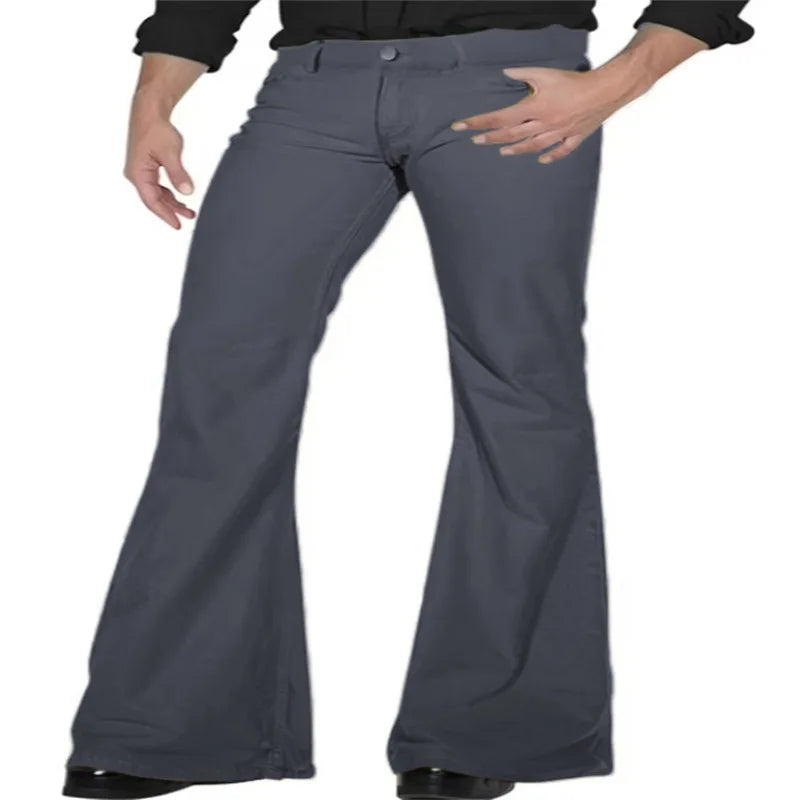 2026 Fashion Men's Vintage Disco Flared Pants Solid Stretch Slim Fit Trousers Hippie Style Casual Wide Leg Pants Male Streetwear