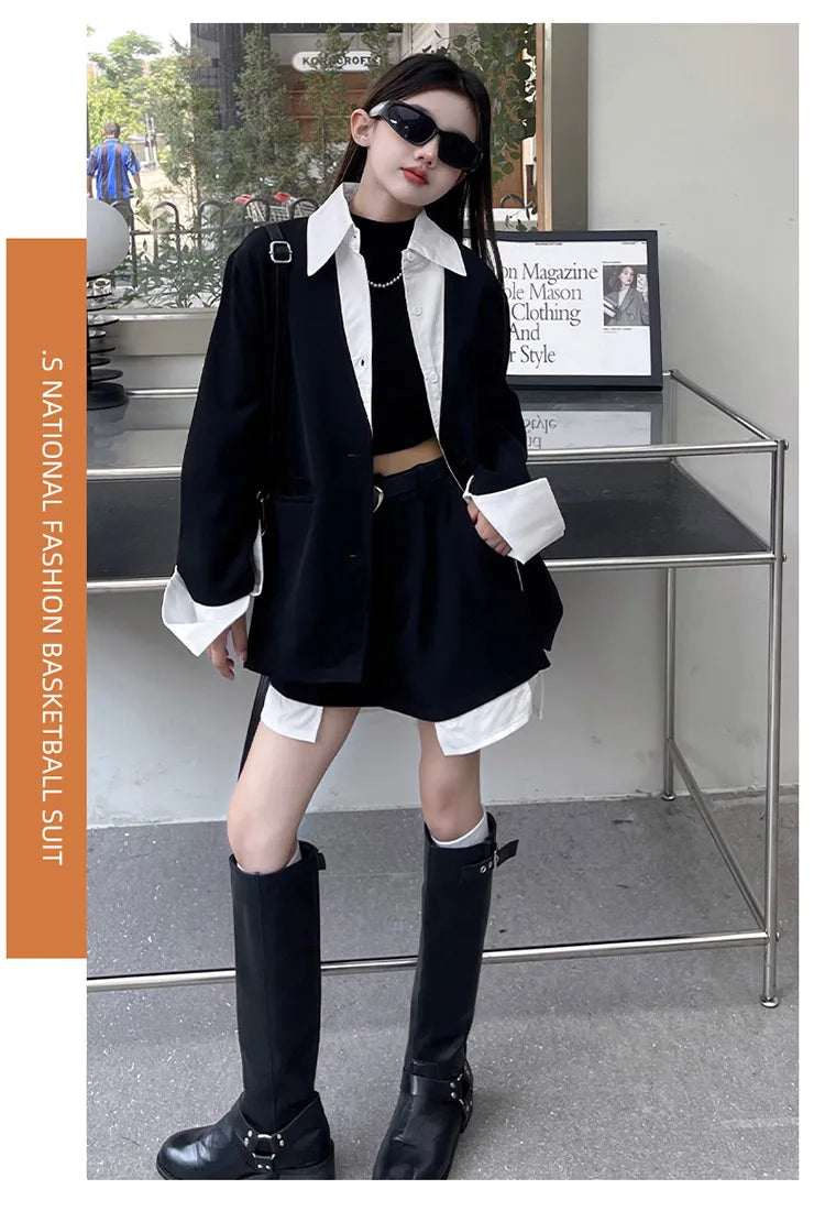 Girls' Suit Set Ages 5-14 Trendy Spliced Two-Piece Outfit with Jacket And Short Skirt for Children's Fashion Shows Machine Wa...