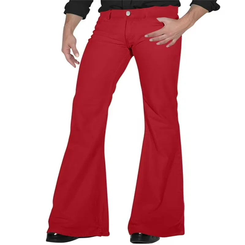 2026 Fashion Men's Vintage Disco Flared Pants Solid Stretch Slim Fit Trousers Hippie Style Casual Wide Leg Pants Male Streetwear