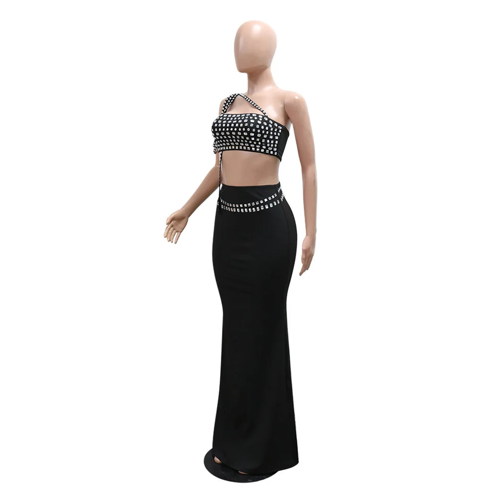 Women Dress Sets Floor Length Buttocks Skirts Two Pieces Set Matching Sets Diamonds Camisole High Street Party Night Evening
