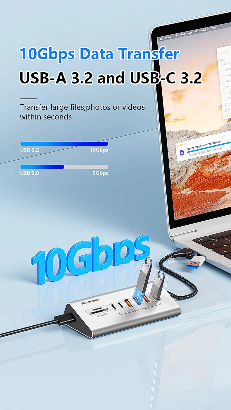 9 in 2 USB C Hub To USB 3.2 Aluminum Docking Station 10Gbps Type C 3.2 Splitter with SD/TF Card Reader for PC Laptop Tablet