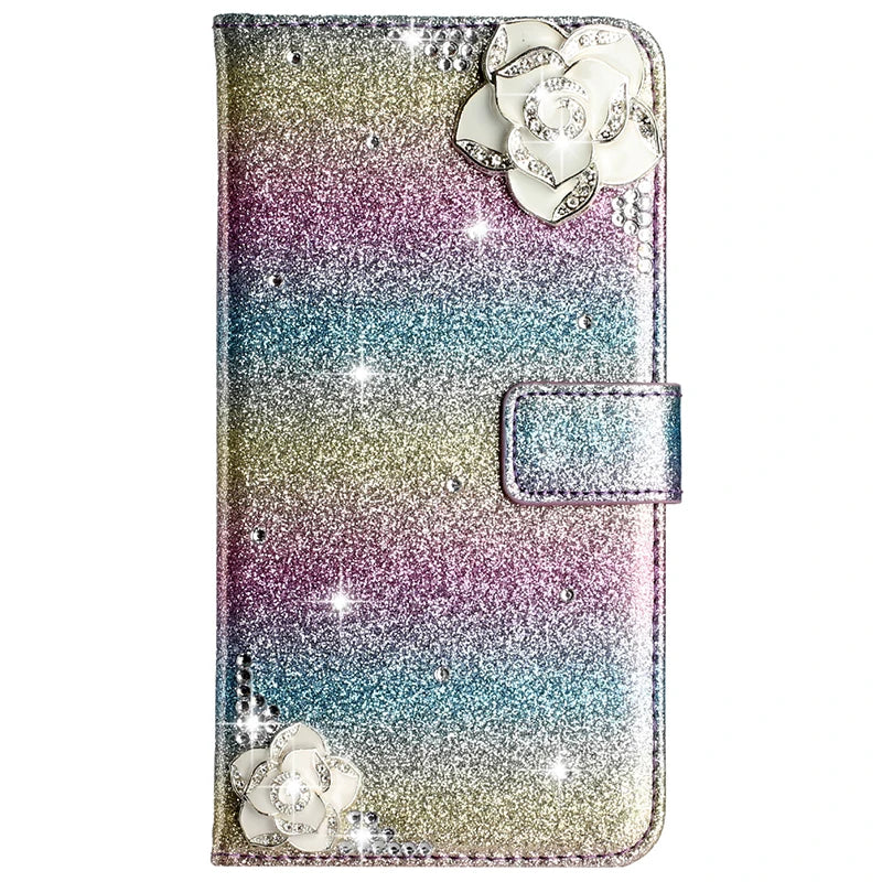 Flash Drill Small Flower Wallet Luxury Glitter Case For iPhone 17 ProMax Air 16 E Pro 15 14 Plus 13 12 Mini 11 Pro Max Cover
