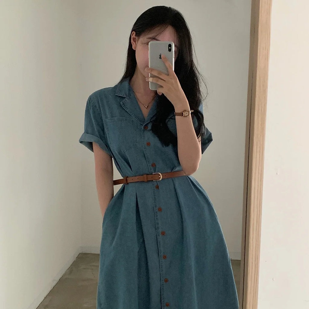 Slimming Chic Retro Chic Long Dr with Belt High Waist A-Line Skirt ort Sve Korean Sle Commute Dr Denim Dr