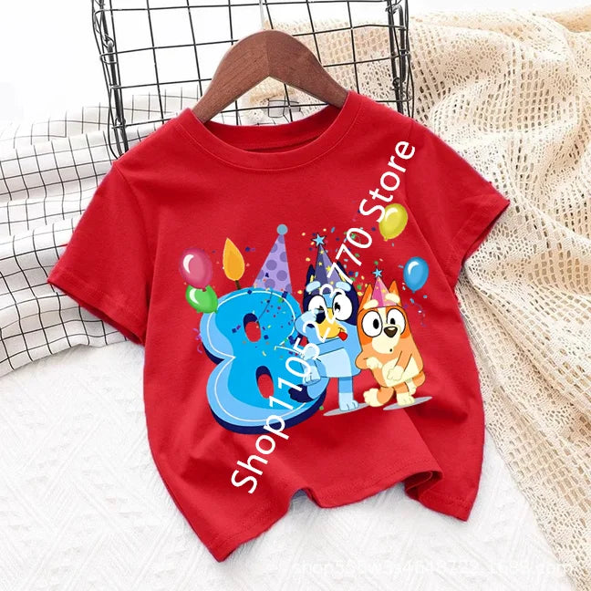 Bluey Baby Birthday T Shirt for Boys Girl Bingo Number Kids Clothes Summer Cartoon Letter Tees Shirts Toddler Short Sleeve Tops