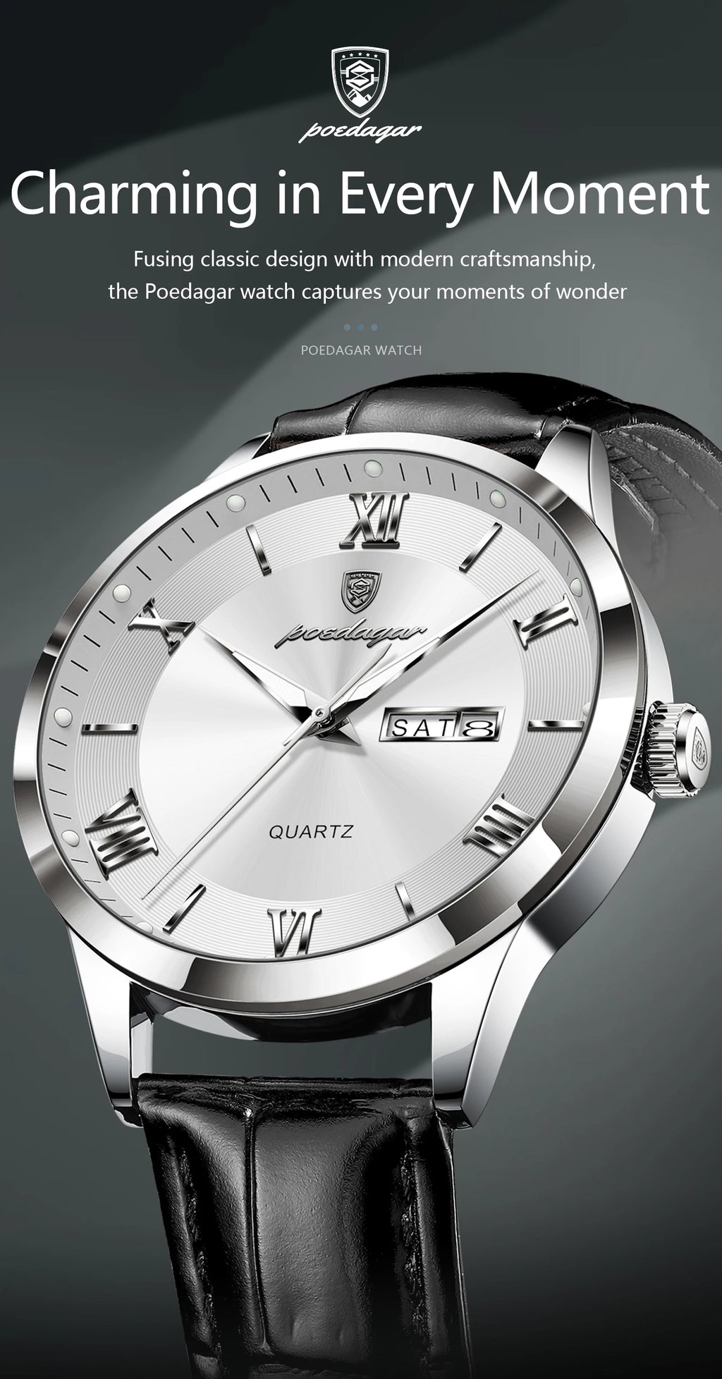 POEDAGAR Classic Luxury Men's Wristwatch Date Week Leather Business Man Watch Waterproof Luminous Fashion Quartz Watches For Men