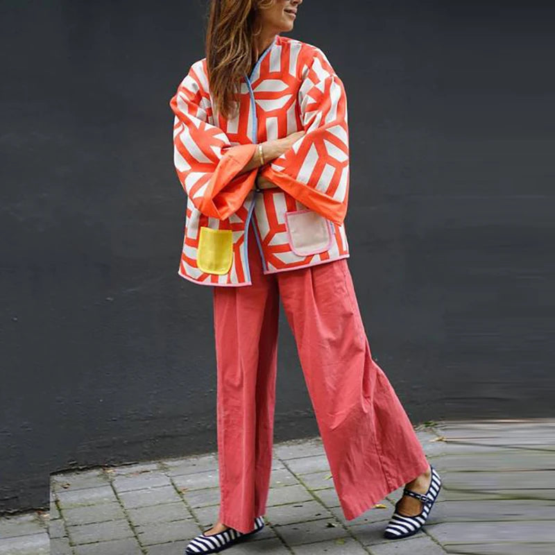 New Printed Pocket Wide Sleeved Ladies Outwear Loose Fashion Women's Double Sided Jacket 2023 Chic Casual Party Street Wear