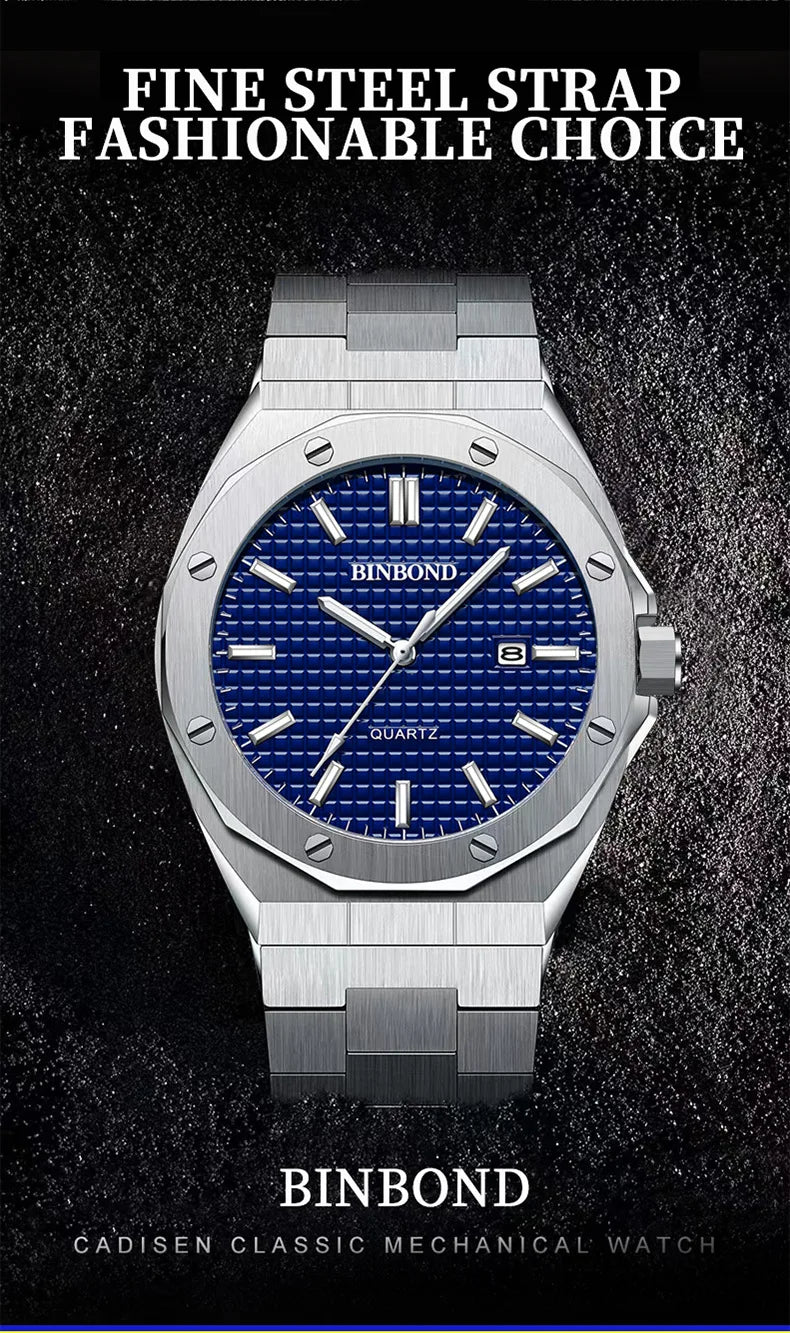 BINBOND 0233 Fashion Men's Watch Alloy Strap with Octagonal Screw Quartz Movement High end Quartz Men's Watch 2025