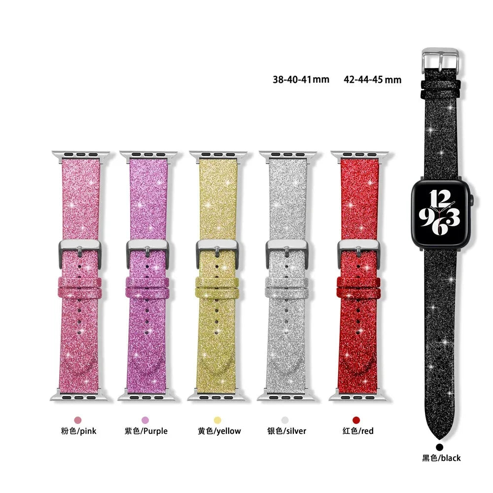 Glitter leather strap For Apple Watch Bands 44mm 40mm Ultra 2 49mm 41mm 42-38-45mm Shiny bracelet iWatch Series 9 8 7 6 5 4 3 SE