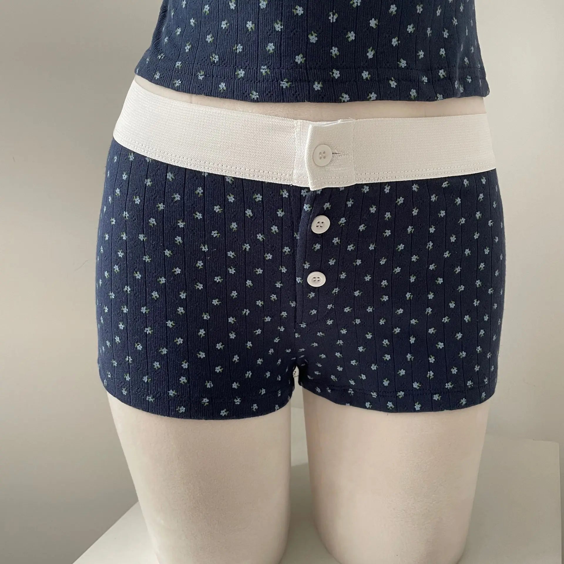 Floral Eyelet Cotton Boy Shorts Woman Summer Three Buttons Patchwork Elastic Waist Straight Short Pant Sweet Cute Home Underwear