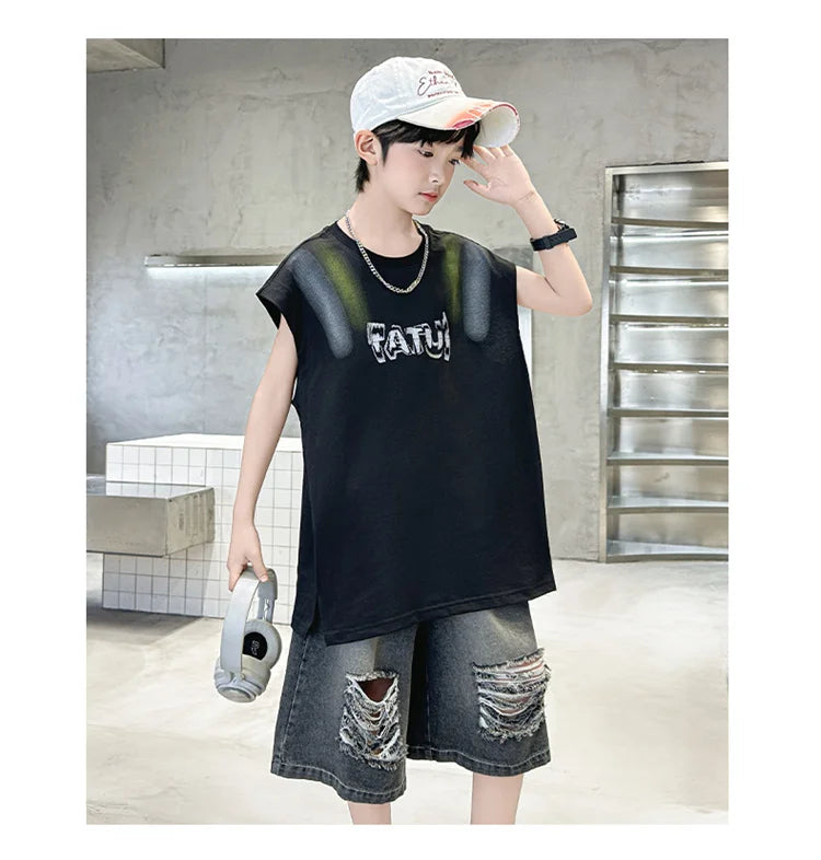 Junior Boys Summer Suit Children's Fashion Sleeveless Vest and Hole Jeans Shorts Clothing Sets for Kids 5 7 9 11 13 14 Years Old