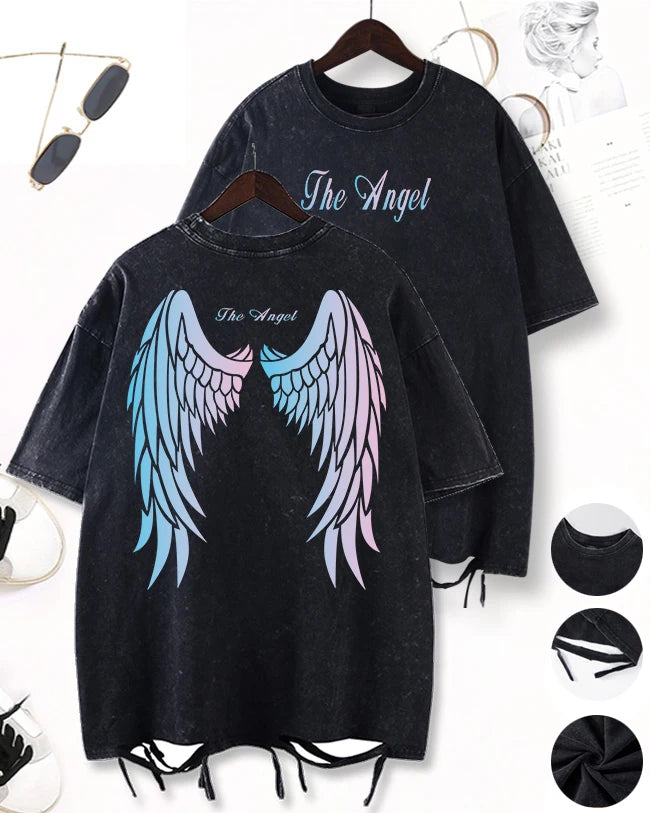 Gradient Wings Design Washed Holes T-Shirt Men Sport Cool Short Sleeve Breathable Cotton O-Neck Top Casual Unisex Loose Clothes