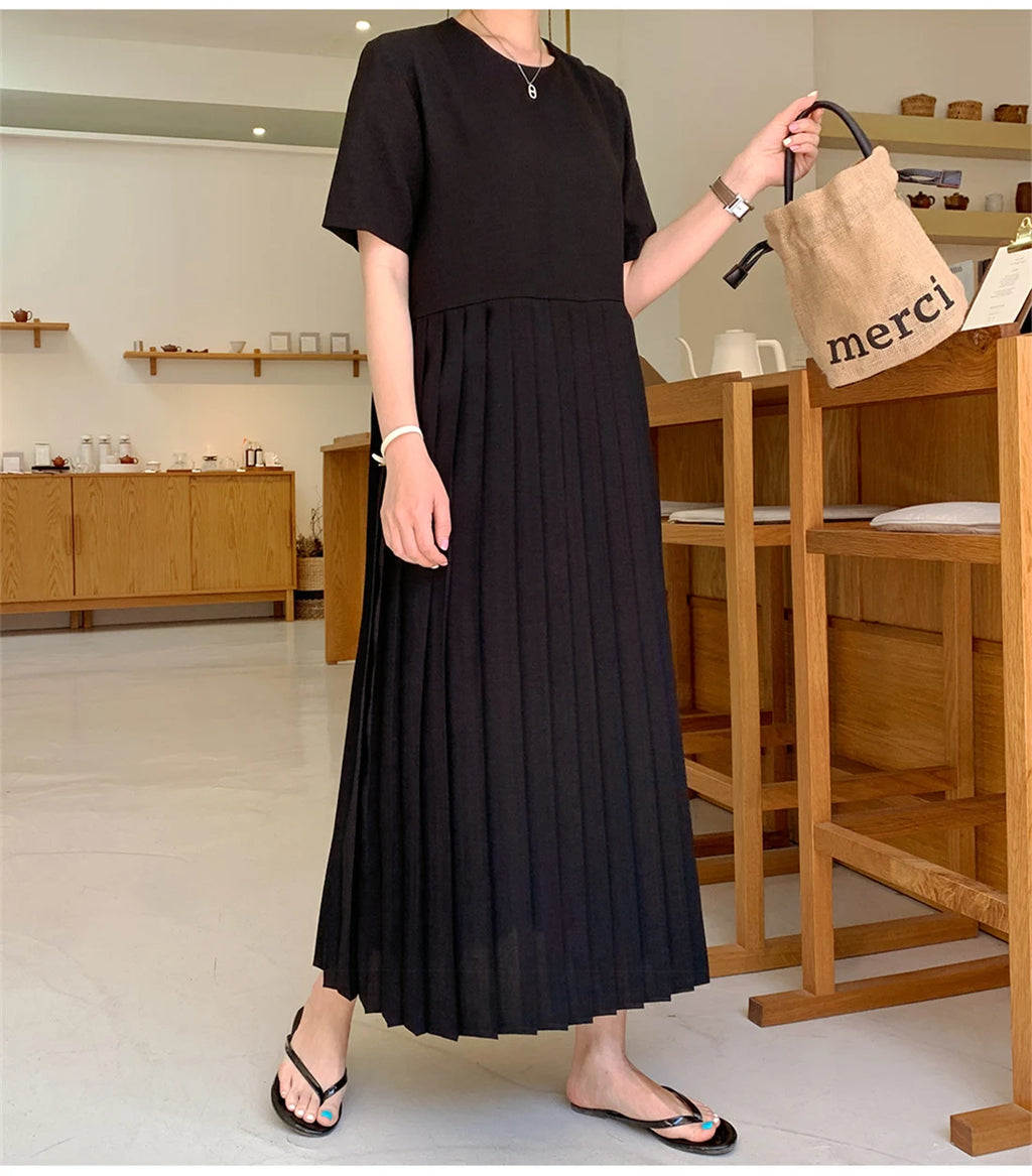 Summer 2024 Korean Sle Loose Slimming ort Sve Chiffon Pleated Long Dr Women's Casual Knee-Over Maxi Dr