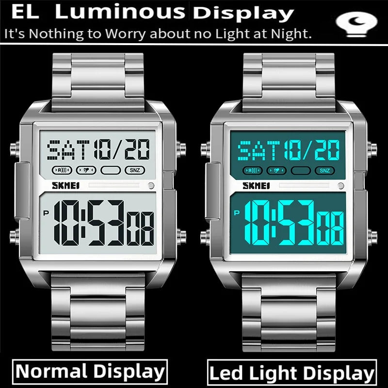 Skmei Luxury Brand Steel Strap Digital Watches for Mens Dual Time Zone Waterproof LED Chronograph Fashion Date Week Alarm Clock