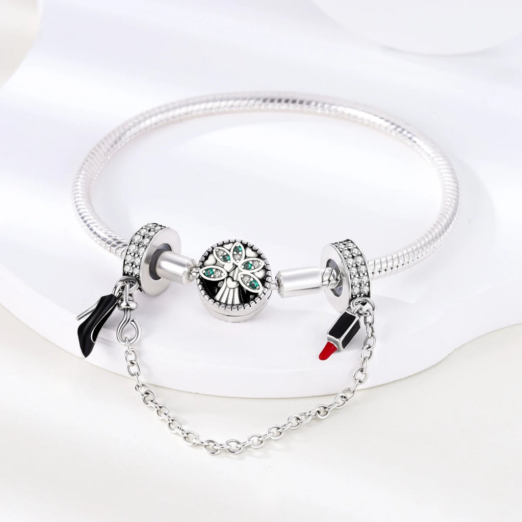925 Silver Lipstick High Heels Charms For Lady Pendant Fit Original Bracelet DIY Ornament