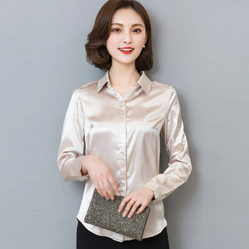 Women silk satin blouse button long sleeve lapel ladies office work elegant female silk blouses shirts