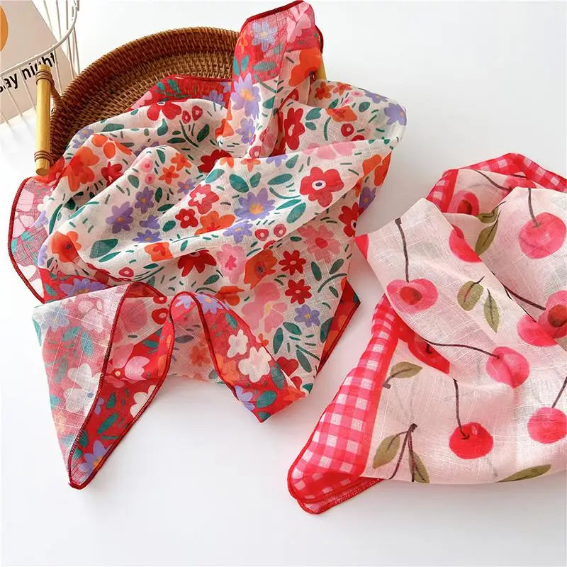 Sunscreen Head Scarf Cotton Linen Square Scarf Women Floral Peach Neck Scarf Fashion Decorative Neckerchief Hairband 58*58cm