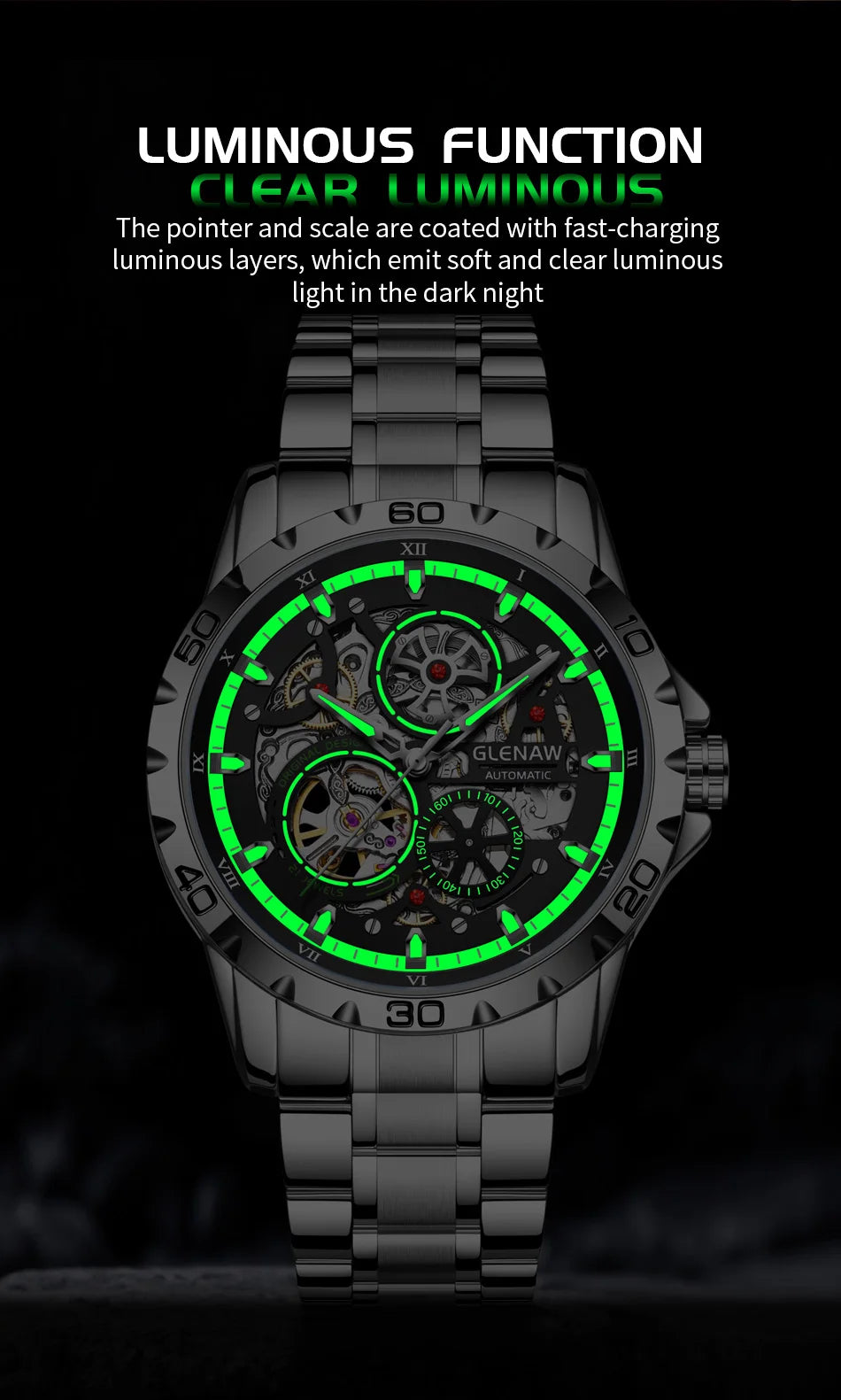 2025 GLENAW NEW Steampunk Skeleton Men Watch Luxury Automatic Mechanical Watches Luminous waterproof Stainless Steel Strap Watch