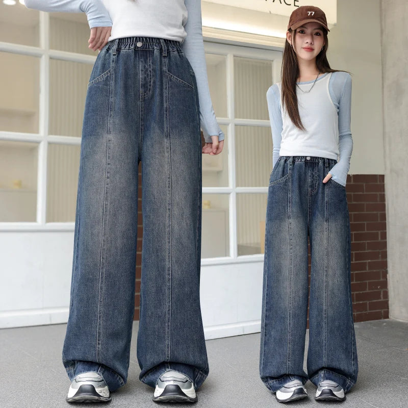Teenager Girl Blue Jeans Fashion Retro Straight Leg Children Trousers Youth Lady Baggy Vintage Wash Casual Denim Pants Age 8-16Y