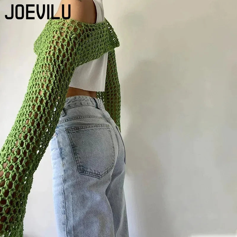 JOEVILU Cropped Knit Top Oversized Slimming Mesh Sunscreen Cover-Up Women's Thin Long Sleeve Breathable Sun Protection Blouses