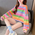 Rainbow Striped Long-sleeved Pullover Sunscreen for Women in Summer Light Top Oversize Mesh Versatile Air Conditioning Shirt