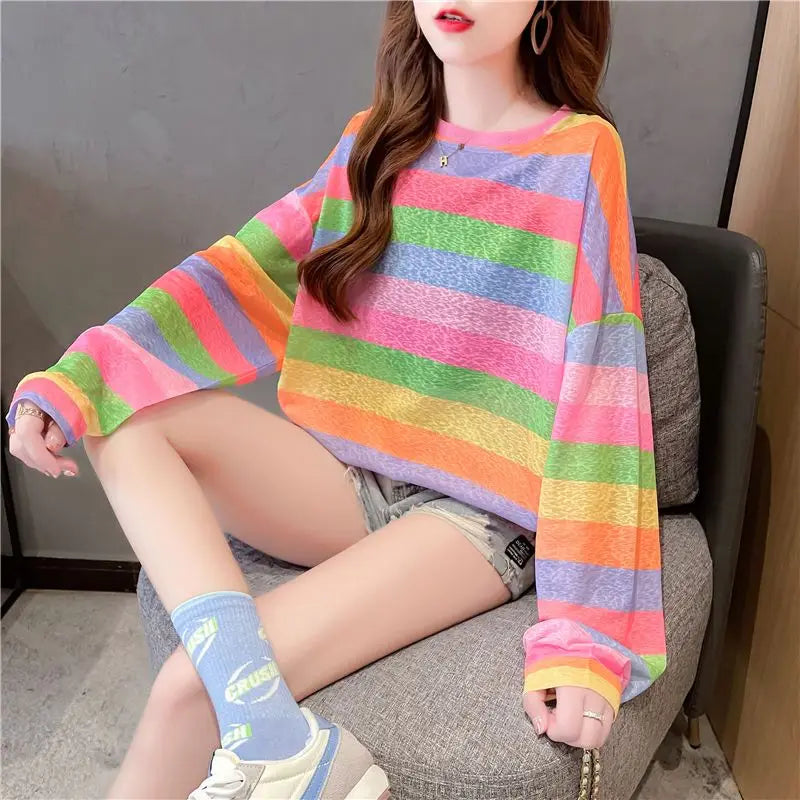 Rainbow Striped Long-sleeved Pullover Sunscreen for Women in Summer Light Top Oversize Mesh Versatile Air Conditioning Shirt