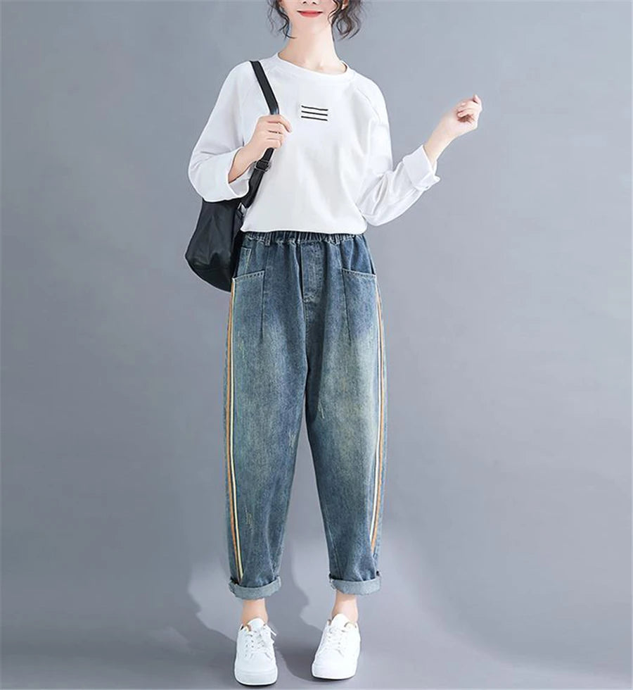 Light Blue Baggy Harem Jeans Mom Elegant Casual Elastic Waist 86-90cm Capris Denim Pants Korean Fashion Chic Cowboy Pantalones