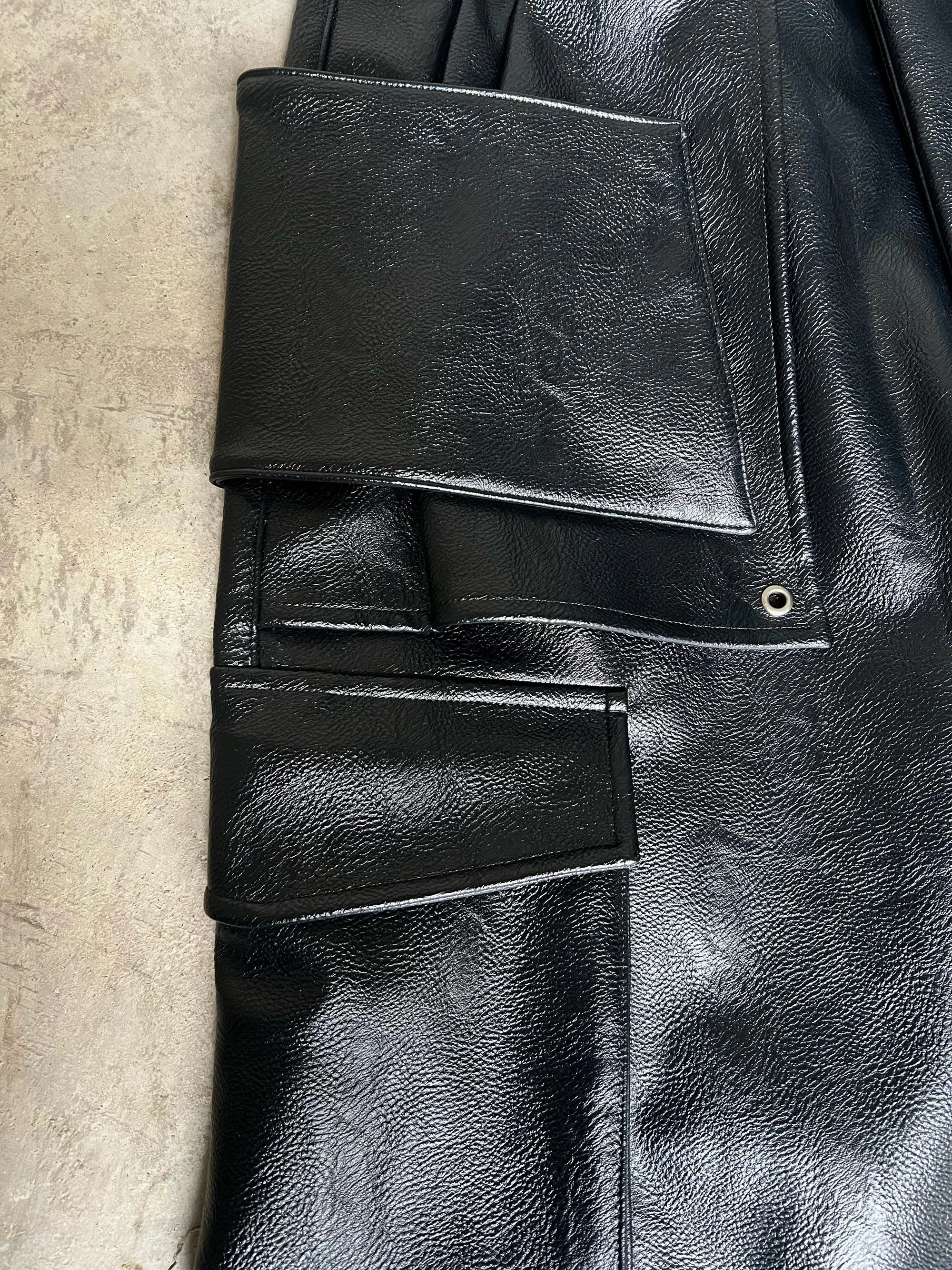 Mauroicardi Spring Cool Long Baggy Black Pu Leather Wide Leg Cargo Pants Men with Many Pockets Mens Designer Clothes Streetwear