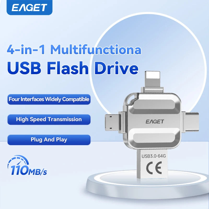 EAGET 4-in-1 OTG USB 3.0 Flash Drive[32GB/64GB/128GB/256GB] Type C Lightning Micro USB for iPhone Android, Memory Stick - i71
