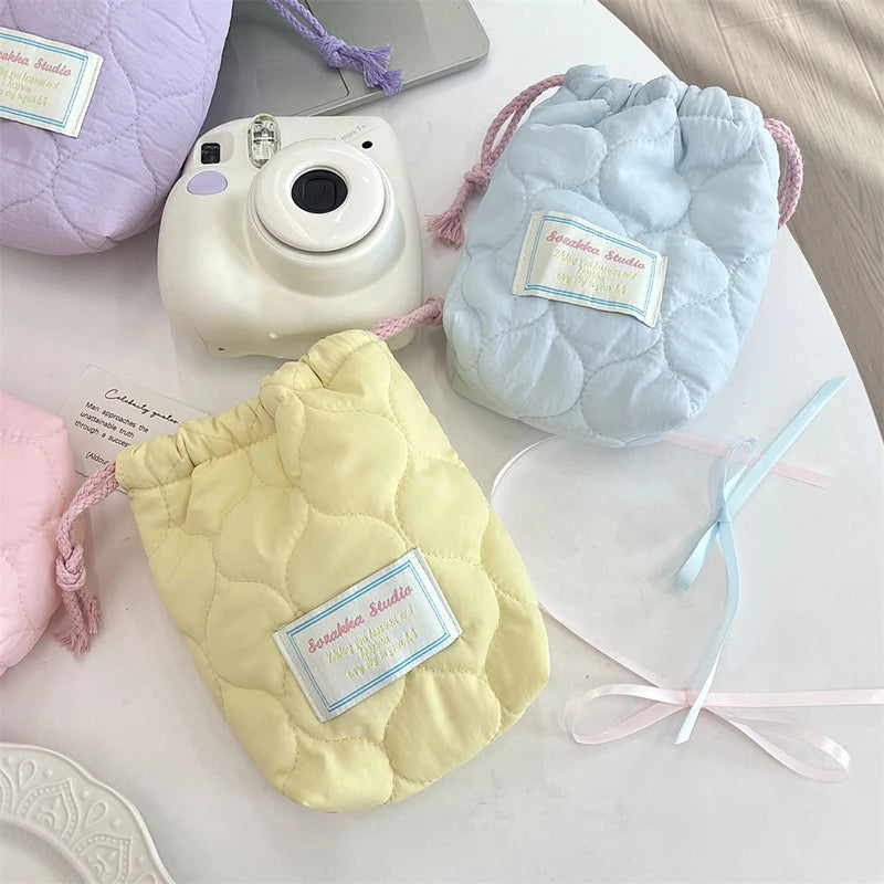 1PCS Portable Travel Camera Organizer Heart Printed Quilted Drawstring Bag Handbag Cosmetic Makeup Lipstick Storage Bag