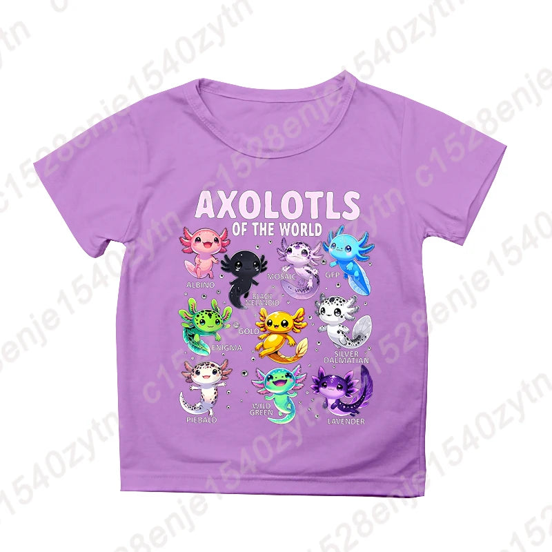 Colorful Cartoon Axolotls Graphic Print Tee, Girls' Casual & Comfy Crew Neck Short Sleeve T-shirt For Spring & Summer