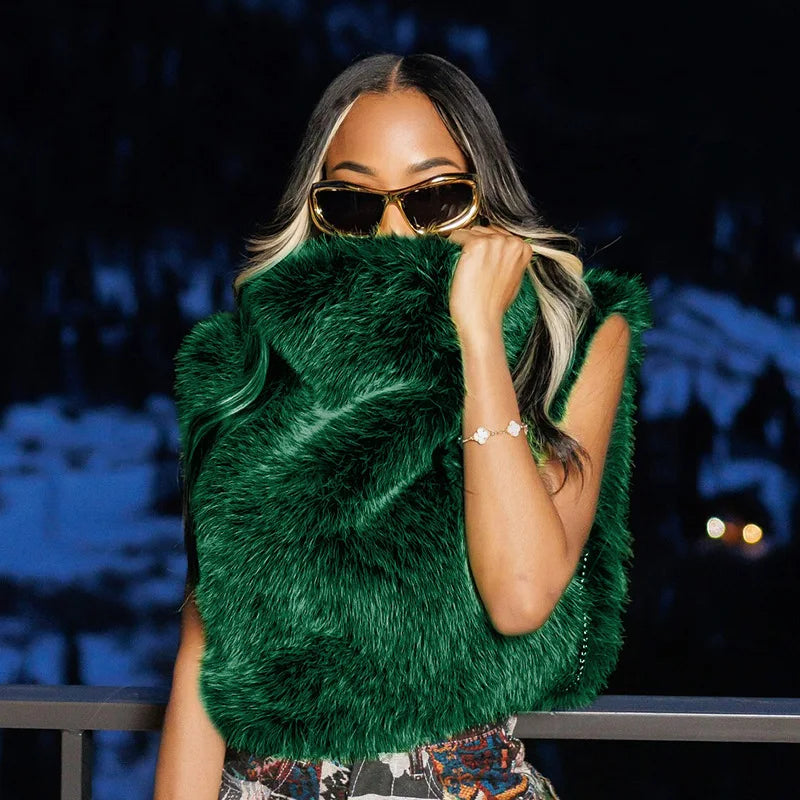 Turtleneck Furry Tank Tops Women Trend Sexy Side Split Chic Fall Trend Midnight Basic Street Furs Hipster Clubwear Vest Crop Top