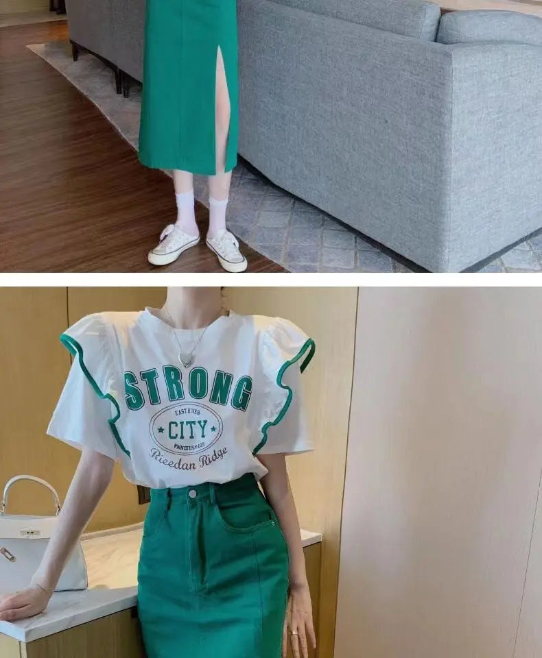 Summer 2024 Trendy Loose ort Sve T-irt Women's Top Design Sense Splicing Slimming Faionable Youthful Polyester Cotto...