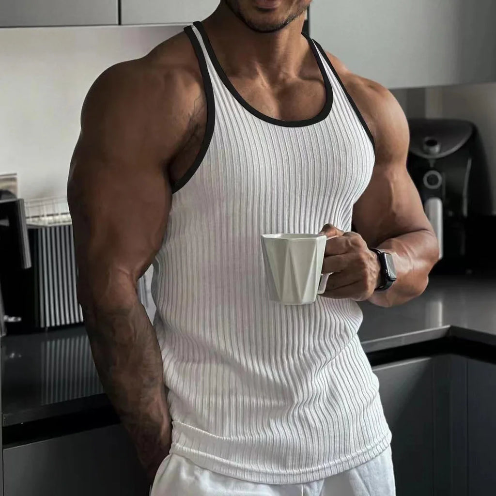 Summer Knitted Vertical Stripe Fitness Slim Vest for Men, Color-blocked Tank Top