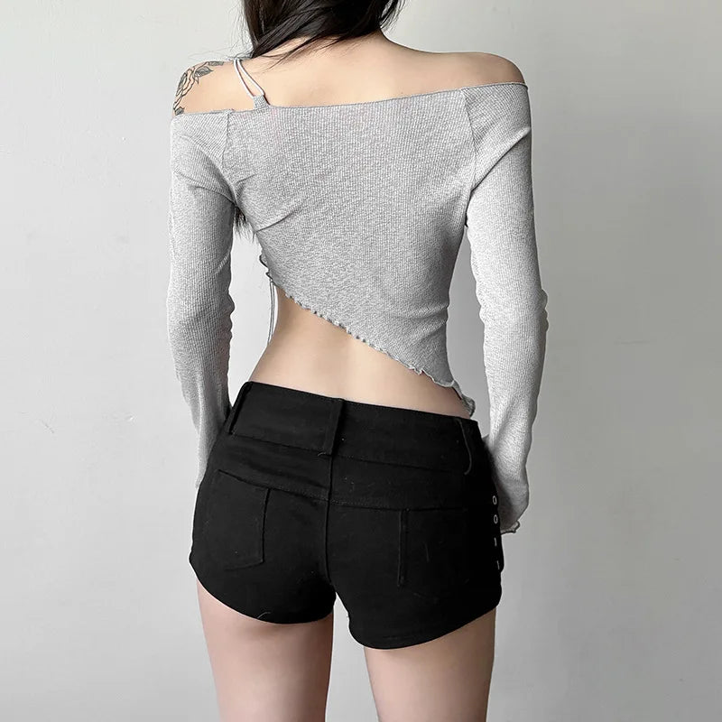 Asymmetrical T Shirts For Women Y2k Clothes Off Shoulder Sexy Streetwear Long Sleeve Crop Top Lace-up Camisetas Ropa De Mujer