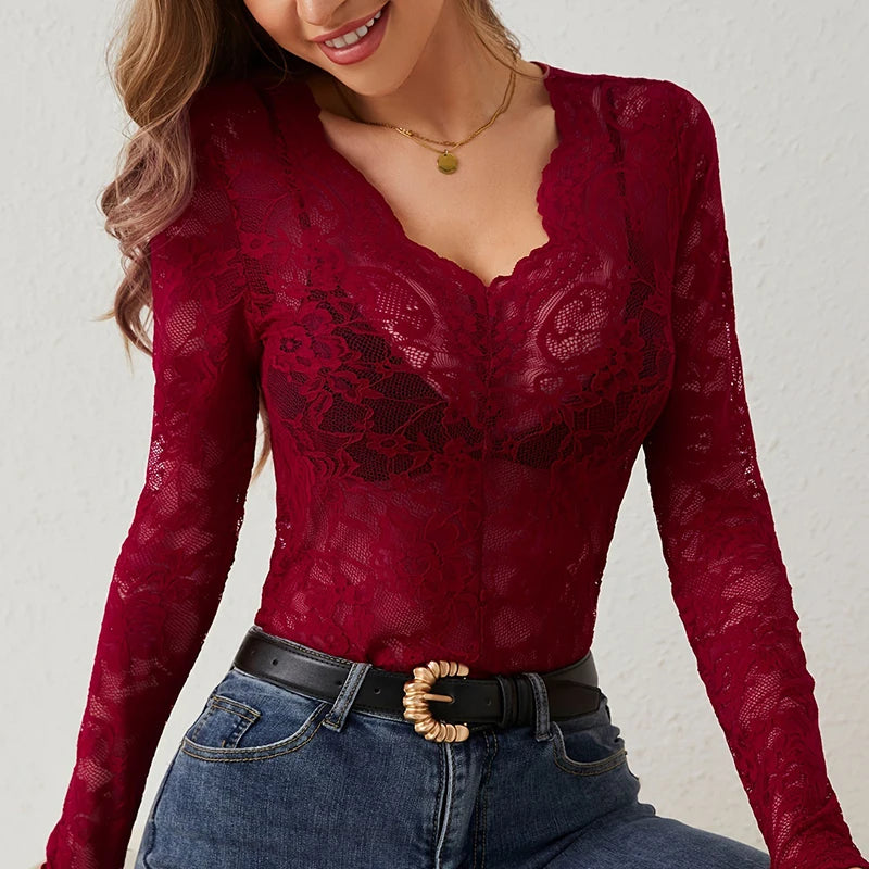 Sexy Lace T Shirt Women Elegant V Neck Slim Tops Female Fashion Solid Long Sleeve Shirts For Women Tee White Black