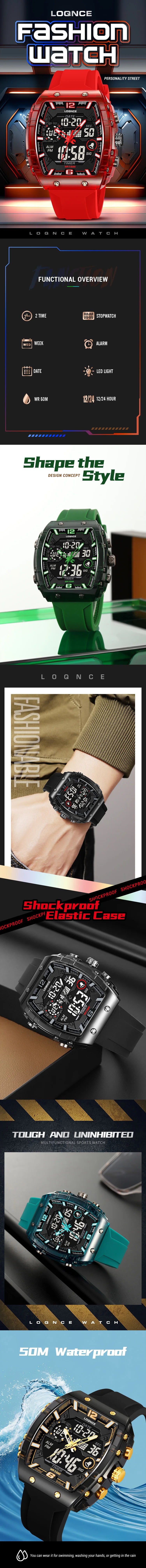 Fashion LOQNCE 98003 Men's Watch High Quality Analog-Digital Dual Movement Calendar Luminous 50M Waterproof Watch Silicone Band