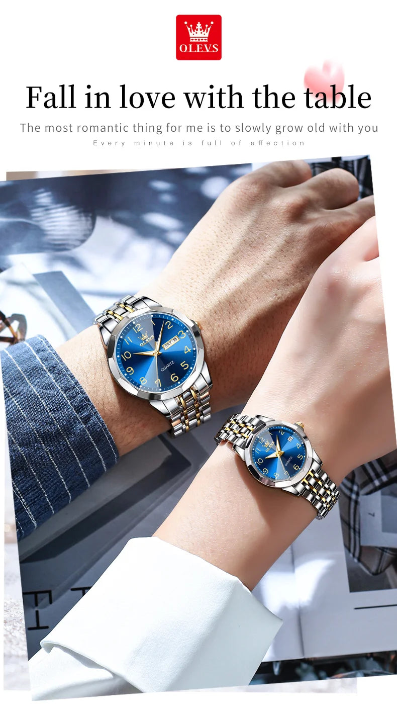 OLEVS 9970 Original Fashion Brand Quartz Couple Watch Luxury Stainless Steel Waterproof Glow Men's and Women's Gift Set Watch
