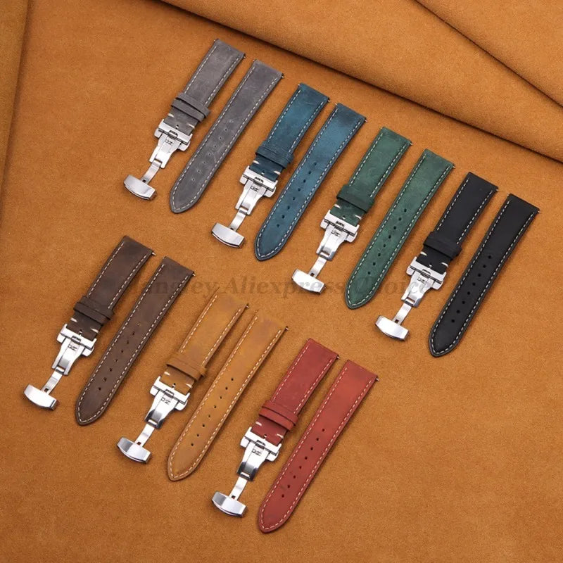 Genuine Calfskin Leather Watchband for Seiko for Omega Business Watch Band 14/16/18/20mm 22mm Butterfly Buckle Stitching Straps