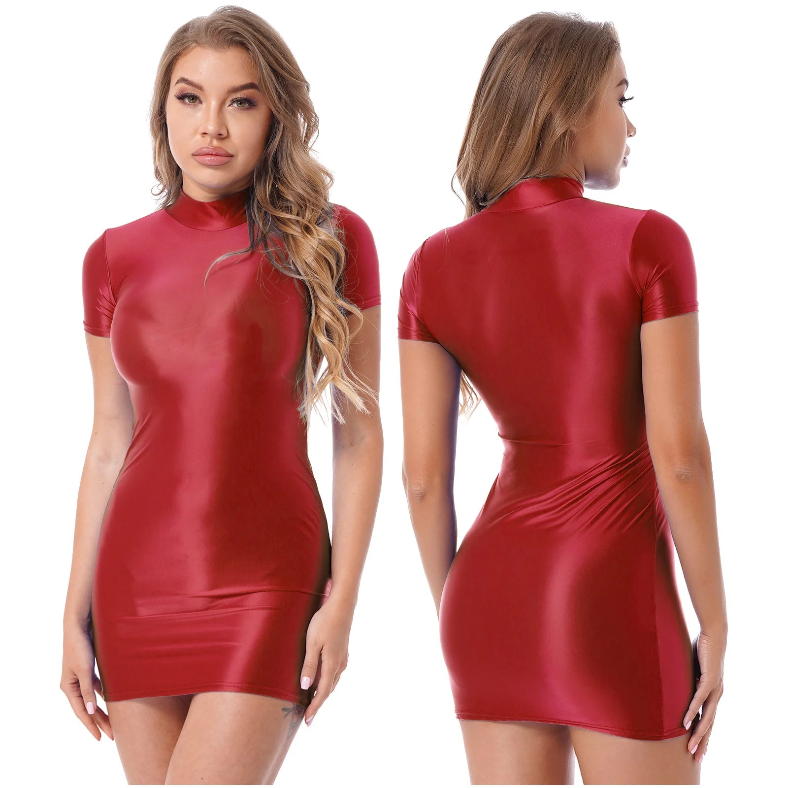 Women's  Solid Color Smooth Stretchy Mock Neck Tight Party Dresses Female Dresses Glossy Long Sleeve Bodycon Dress Nightwear