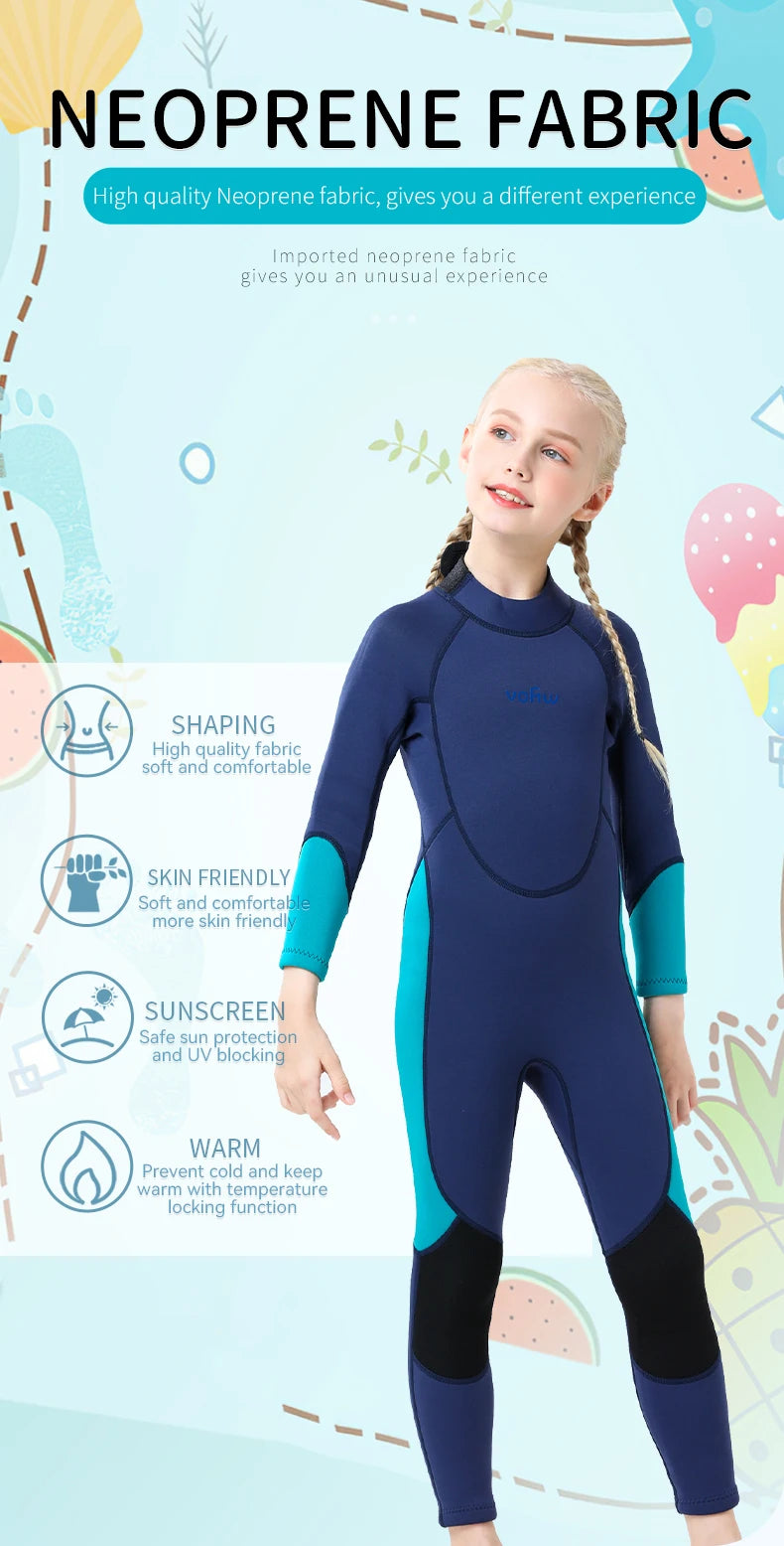 Children's 2mm 3mm Neoprene Wetsuit One-piece Long Sleeve Diving Suit Cold Proof Sunscreen Surfing Swimming Snorkeling Swimsuit